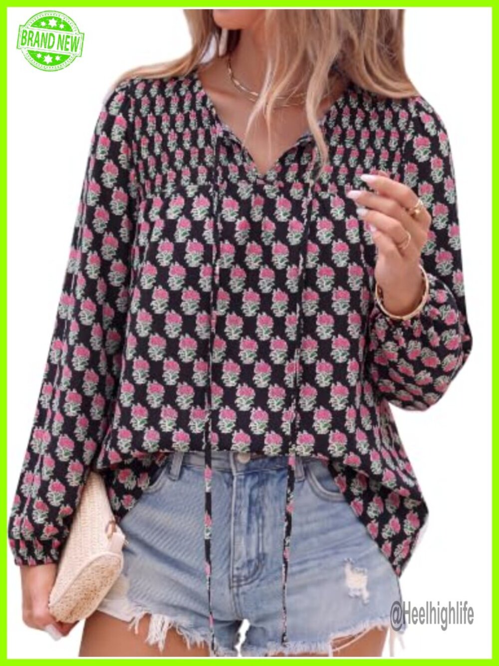 Boho Peasant Blouse Womens V Neck Floral Smocked Tie Front Fall Top